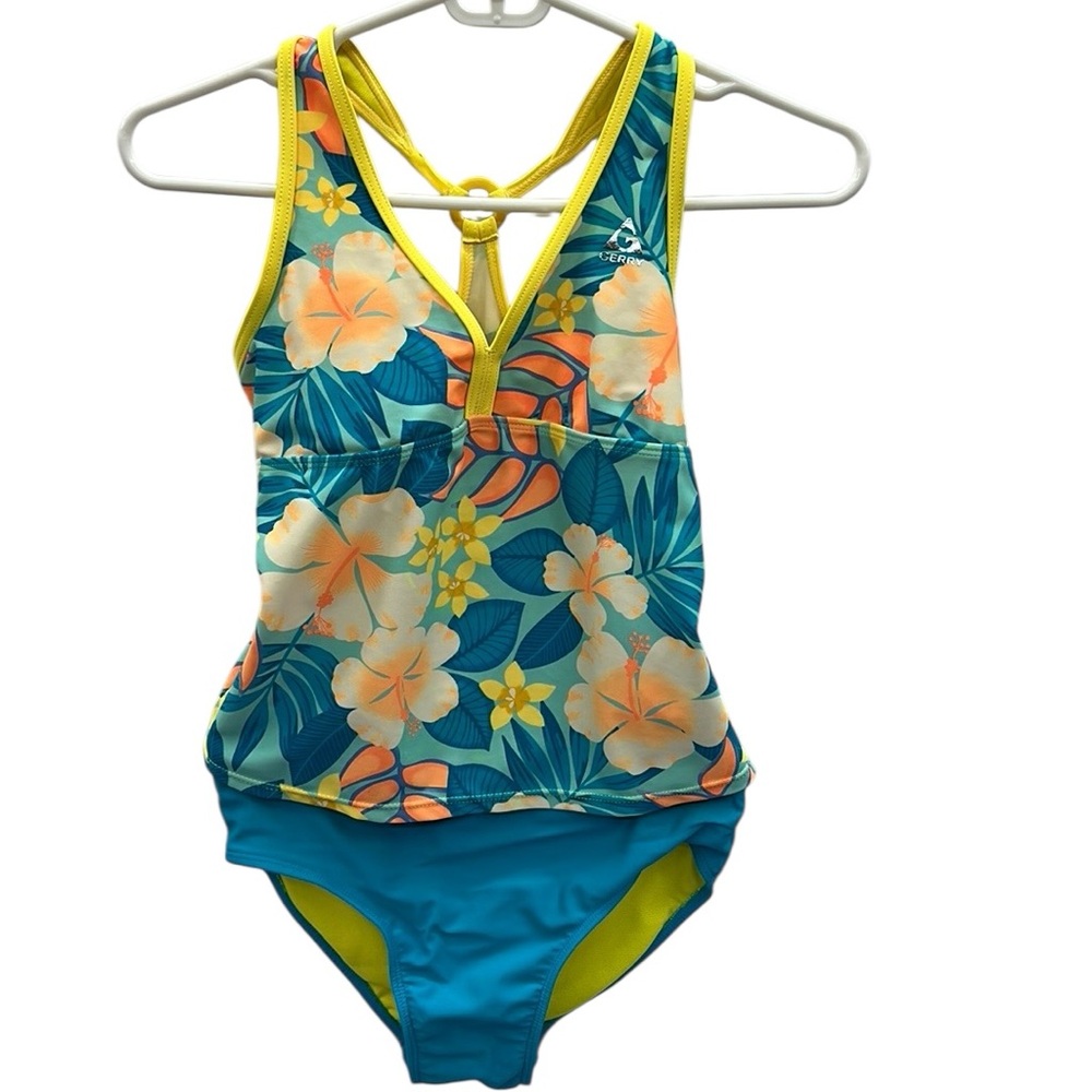 Gerry 2 Piece Tankini Swimsuit Set Blue Yellow Floral Print Girls Large 14 16